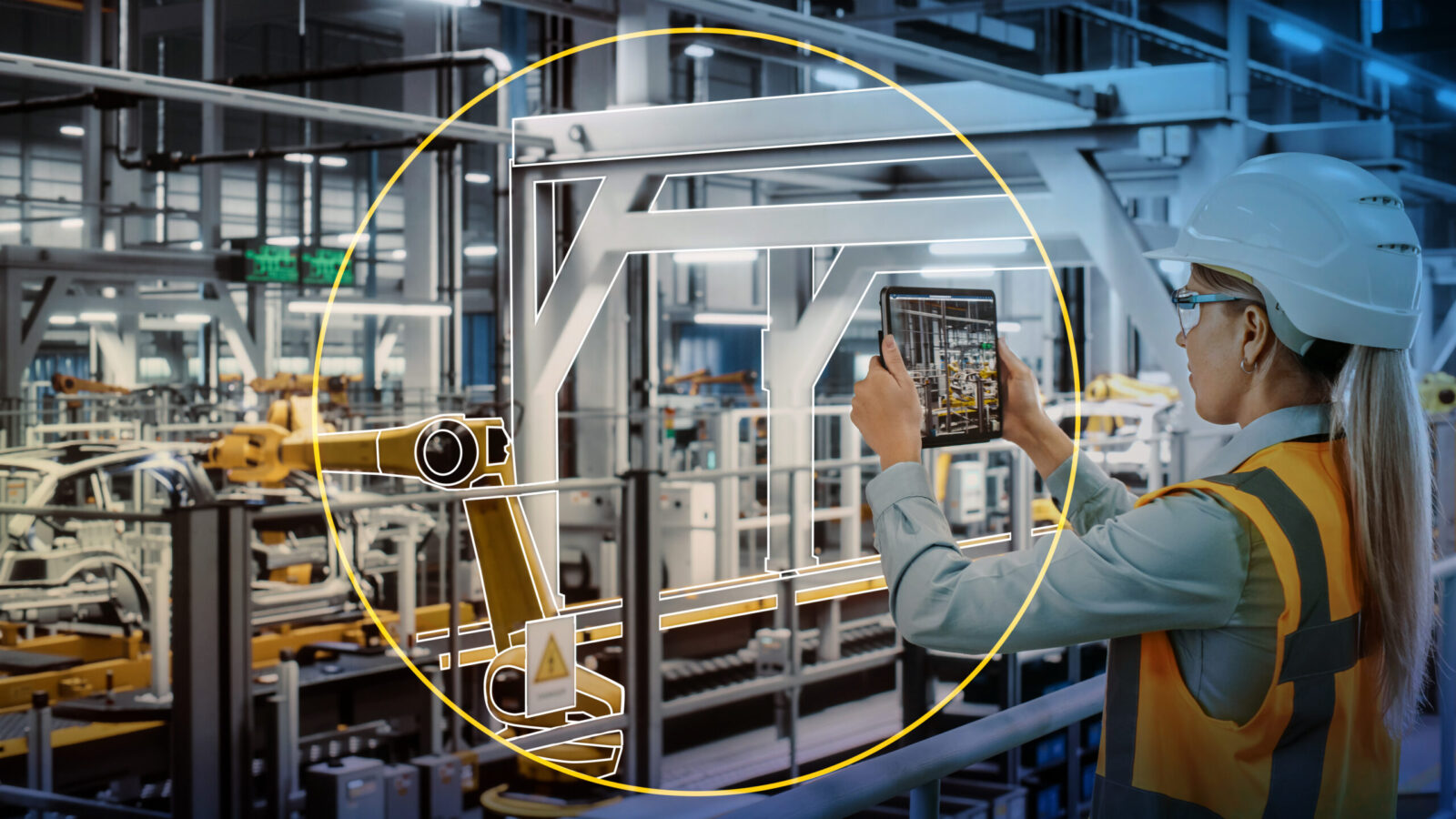 Car Factory: Female Automotive Engineer Using Augmented Reality Tablet Computer. Digitalization Scan, Monitoring Equipment Production. Automated Robot Arm Assembly Line Manufacturing Electric Vehicles