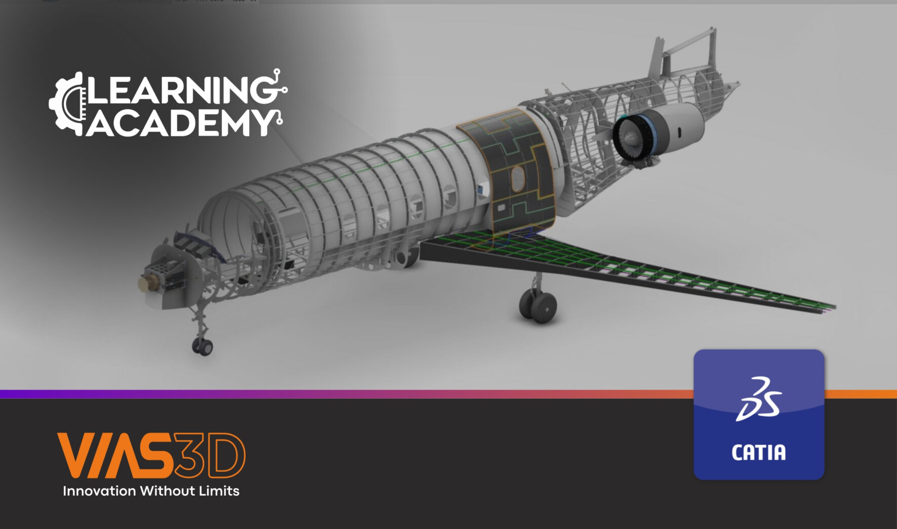 Full airplane assembly in CATIA with components hidden showing frame and internal components